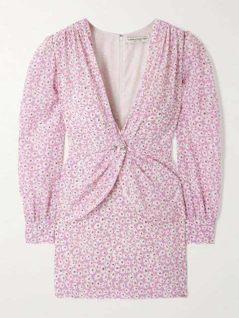 Wrap-effect Embellished Pleated Floral-print Silk Crepe De Chine Mini Dress