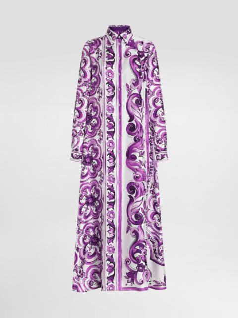 Majolica-print long twill shirt dress