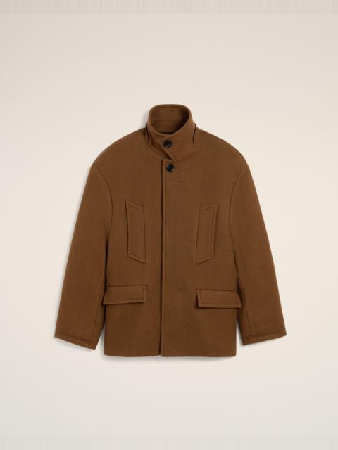 BROWN WOOL OVERSIZED HIGH COLLAR PEA COAT