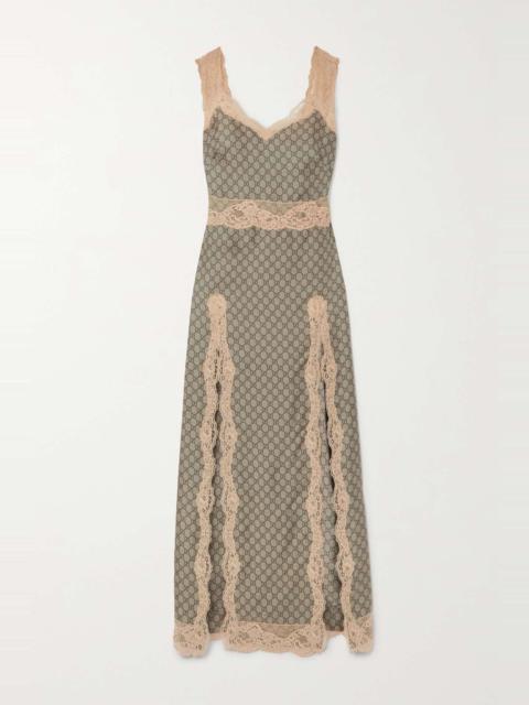 Lace-trimmed printed silk-twill maxi dress