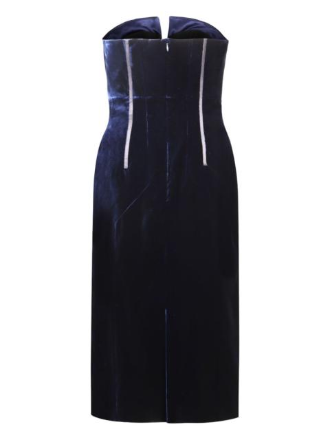 strapless velvet midi dress