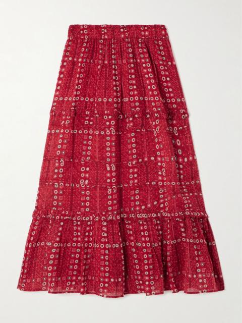 Diya tiered printed cotton-voile midi skirt Red