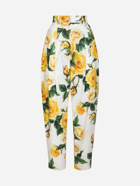 High-waisted cotton pants with yellow rose print