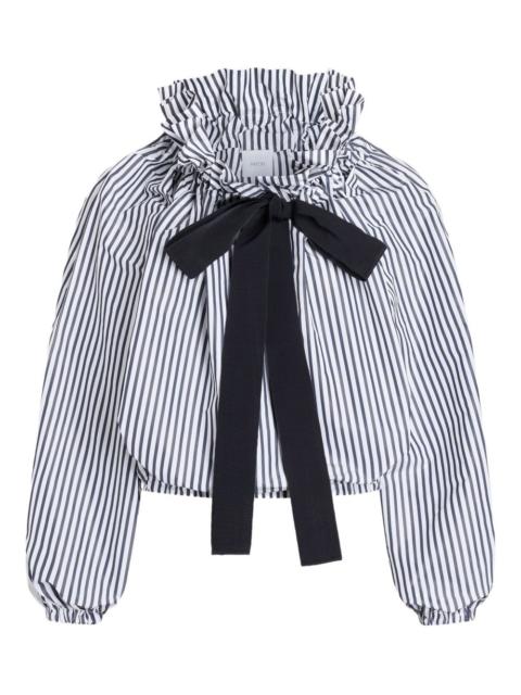 striped ruffled-neck bow-tie blouse