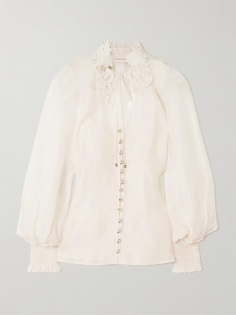 Rebellion Lace-trimmed Gathered Linen And Silk-blend Gauze Blouse