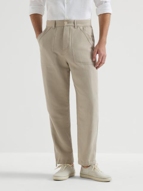 Linen and cotton drill trousers with patch pockets and drawstring
