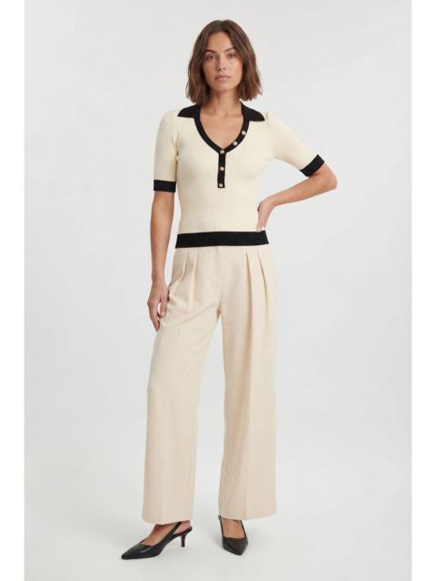 Petite Knit Rib With Contrast Hem Detail Collared Short Sleeve Top