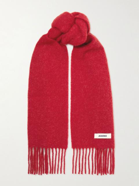 Fringed appliquéd brushed knitted scarf Red