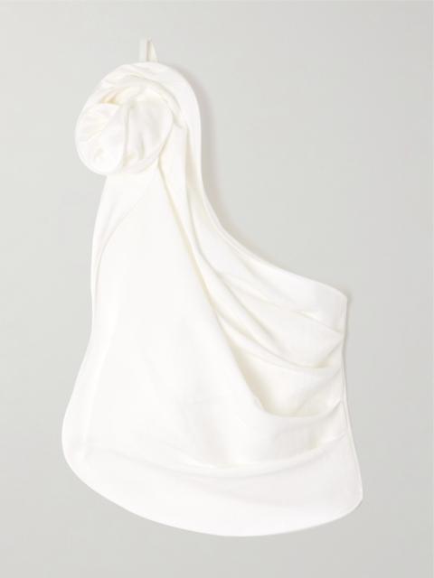 One-shoulder Appliquéd Draped Woven Top