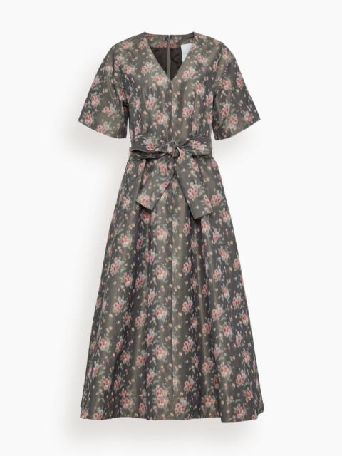 Lunetta Taffeta Wide Sleeve Pleated Midi Dress in Shadow Floral Ikat