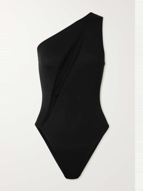One-shoulder tulle-paneled swimsuit