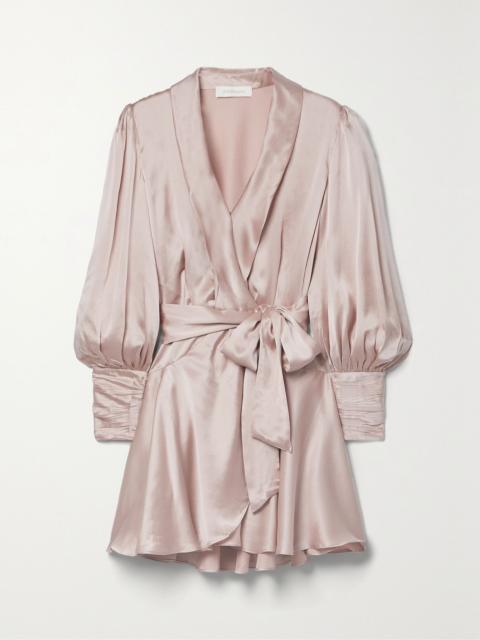 Ruffled silk-satin mini wrap dress Pink
