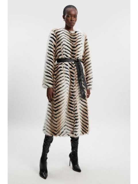 Zig Zag Faux Fur Collarless Belted Long Coat