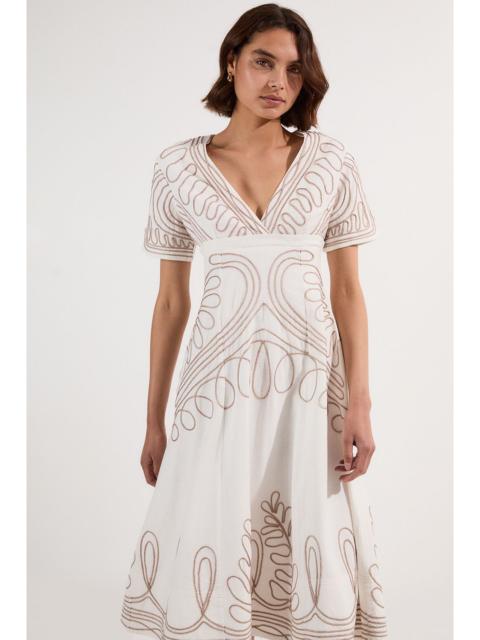 Cotton Linen Cornelli Embroidery Open Back Woven Midi Dress