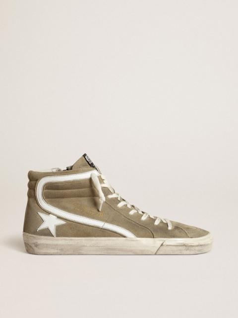 Men's Slide in military green suede with star and white flash