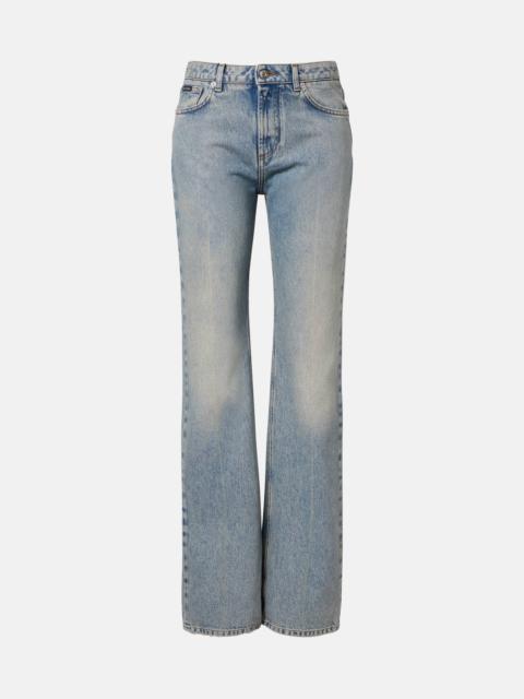 Leather-trimmed straight jeans