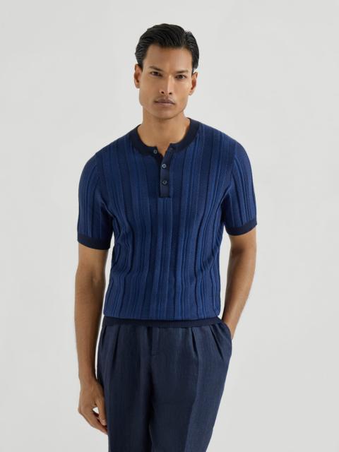 Cotton jacquard textured rib knit Henley T-shirt
