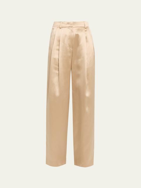 Pleated Satin Straight-Leg Pants