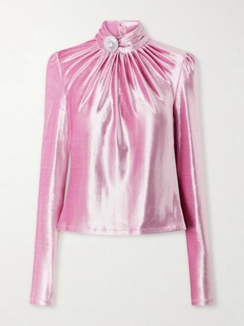 Crystal-embellished Gathered Velvet Turtleneck Blouse