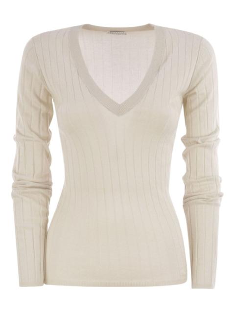 ribbed V-neck long-sleeved T-shirt