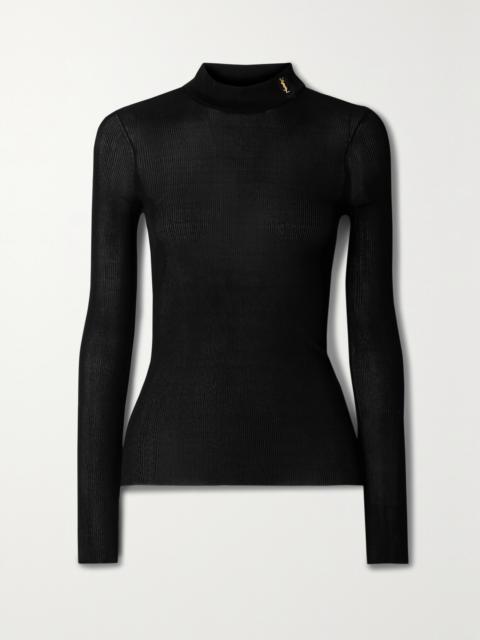 Ribbed Silk Turtleneck Top