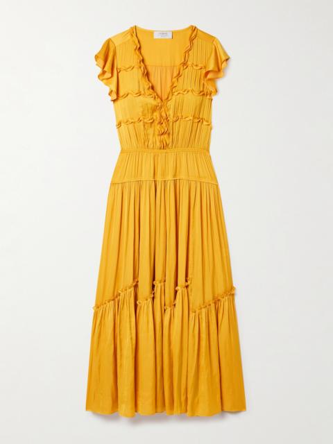 Pintucked Ruffled Satin Midi Dress