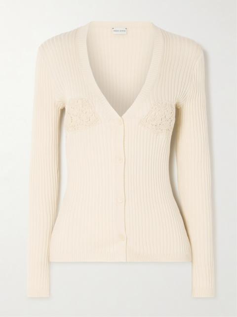 Crochet-trimmed Ribbed Cotton Cardigan