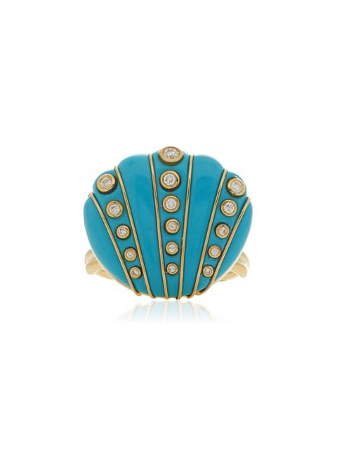 9K Yellow Gold Diamond And Turquoise Ring blue