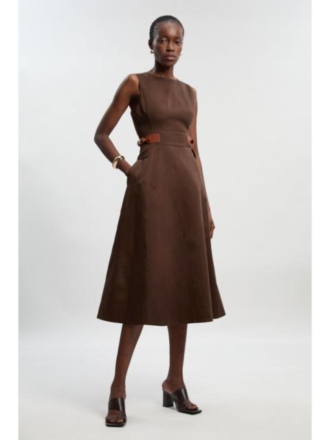 Tailored Linen Tab Waist Detail Full Skirt Midi Dress
