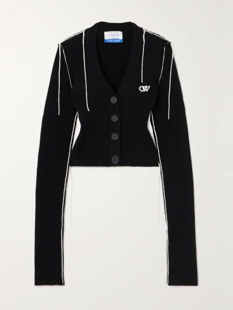 Cropped embroidered ribbed wool-blend cardigan