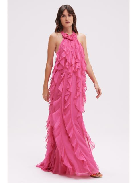 SILK PLISSE LONG DRESS HALTERNECK FLORAL COLLAR