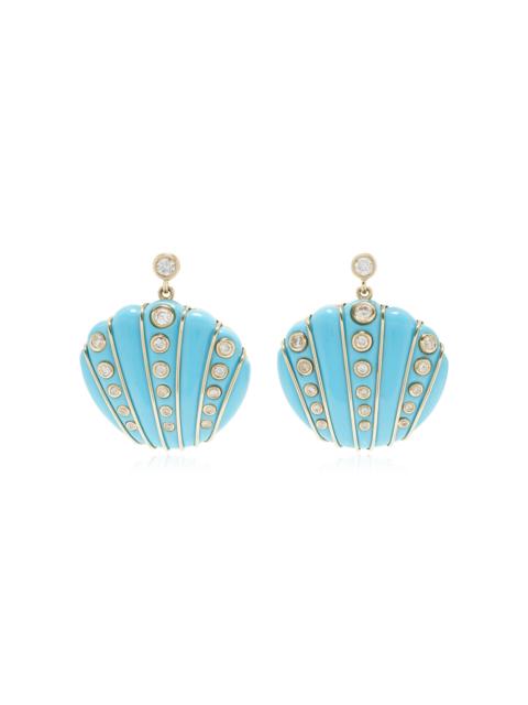 Exclusive Riviera 9K Yellow Gold Turquoise, Diamond Shell Earrings blue