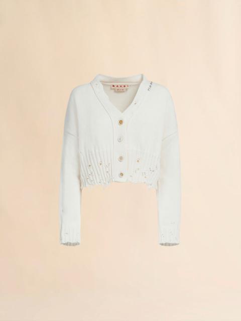 WHITE DISHEVELLED COTTON CROPPED CARDIGAN