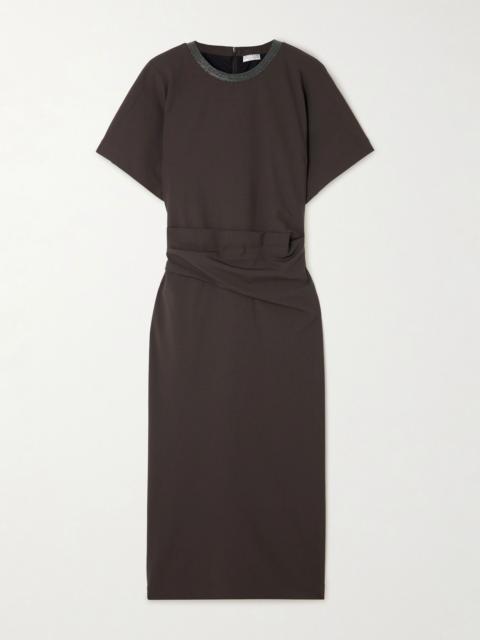 Embellished draped virgin wool-blend midi dress Brown