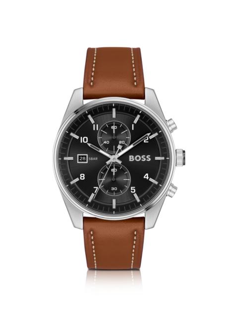BLACK-DIAL CHRONOGRAPH WATCH WITH BROWN LEATHER STRAP