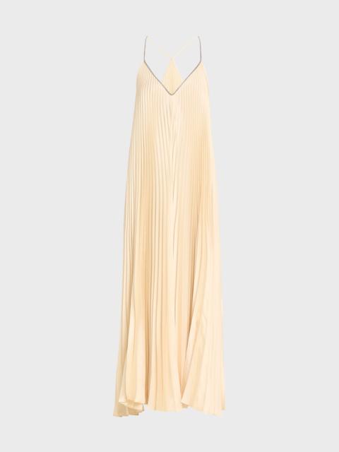 Brunello Cucinelli Soft Satin Pleated Midi Dress with Monili Strap ...