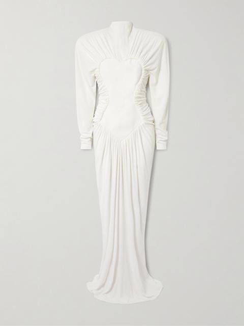 Mesh-paneled Ruched Crepe Gown