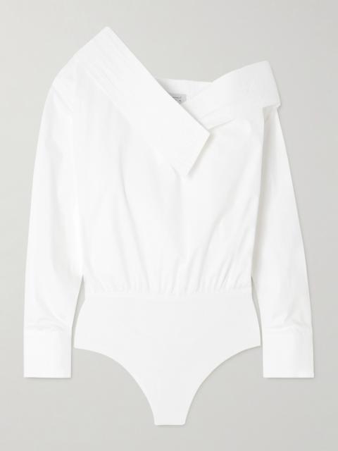 One-shoulder Topstitched Cotton-blend Poplin And Jersey Bodysuit