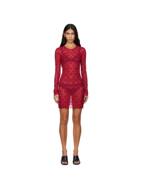 Red Moonogram Mesh Flock Minidress