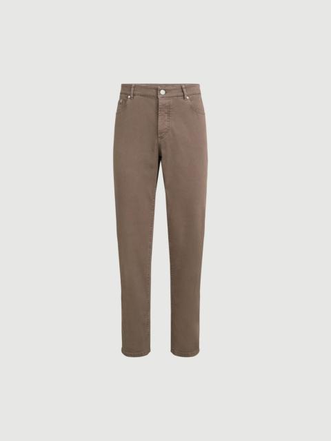 Garment-dyed comfort lightweight denim traditional fit five-pocket trousers