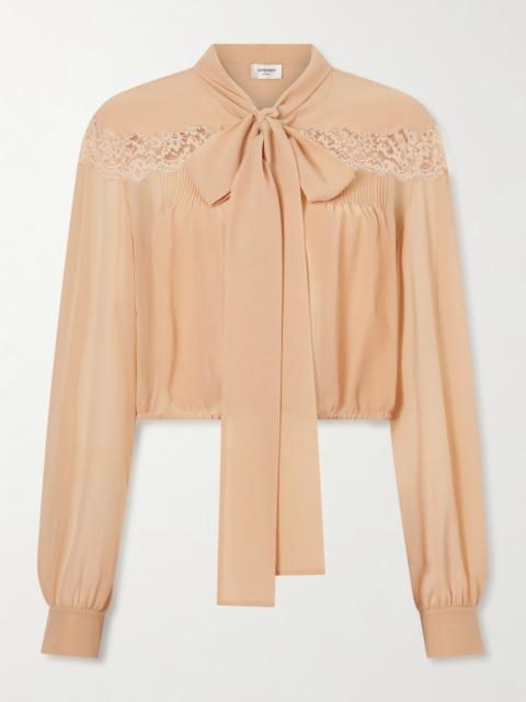 Cropped Pussy-bow Lace-trimmed Silk-georgette Blouse