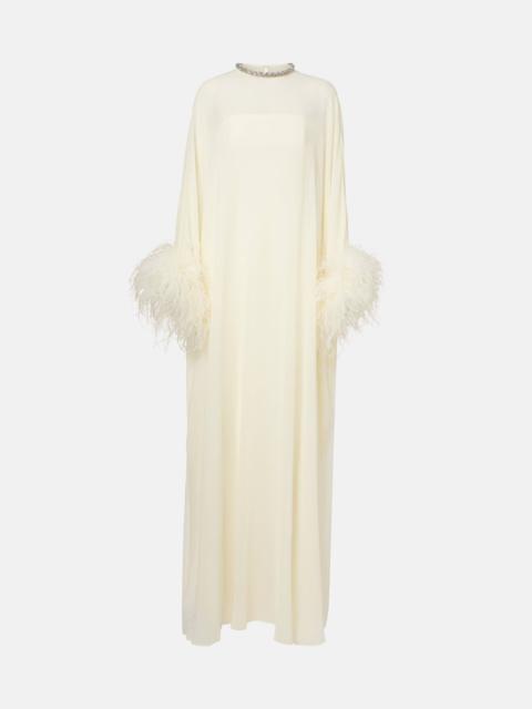 Feather-trimmed caped silk chiffon gown