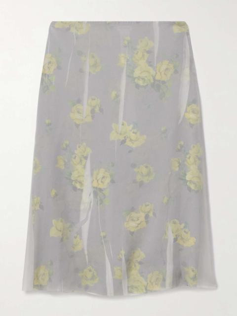 Layered distressed chiffon and floral-print crepe skirt Gray