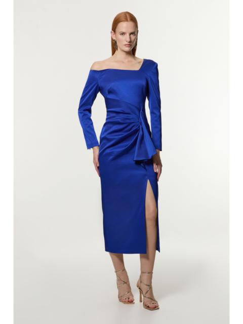Italian Structured Rib Asymmetric Neckline Draped Tailored Maxi Dress