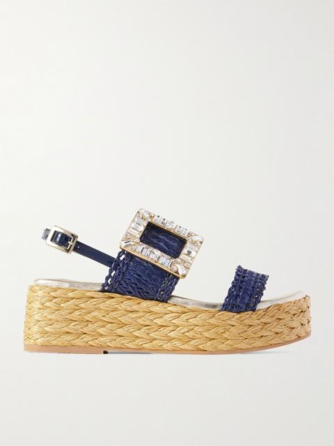 60 crystal-embellished patent-leather trimmed raffia platform espadrille sandals Blue