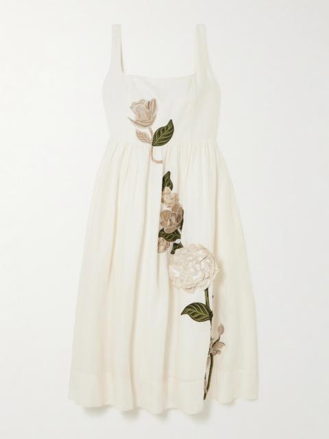 Miramar Gardenia Appliquéd Linen Midi Dress