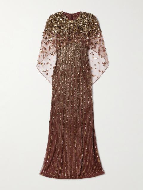 Nettie Cape-effect Embellished Sequined Tulle Gown