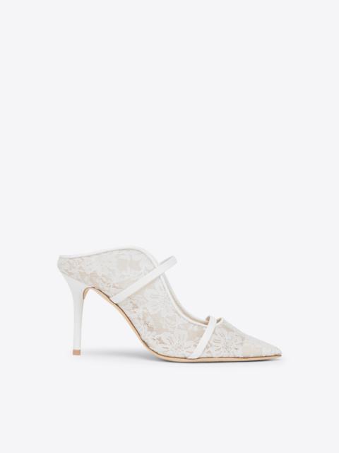 Maureen 85 White Lace Heeled Mules