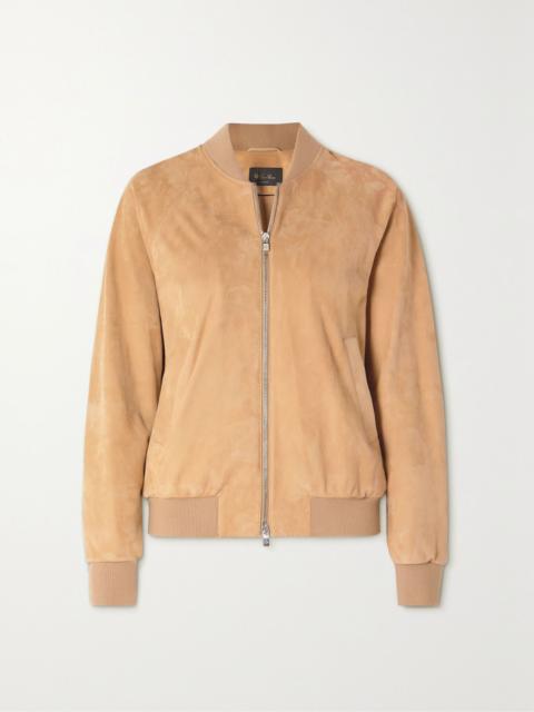 Ribbed cashmere-trimmed suede bomber jacket Beige