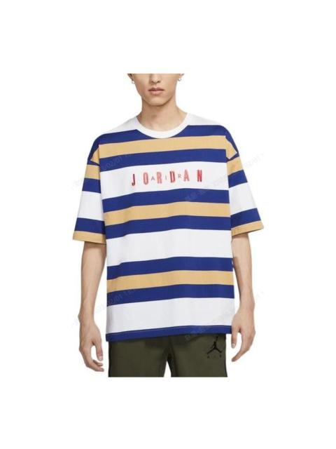 Men's Air Jordan SS22 Stripe Logo Round Neck Short Sleeve Blue White T-Shirt DV6668-100
